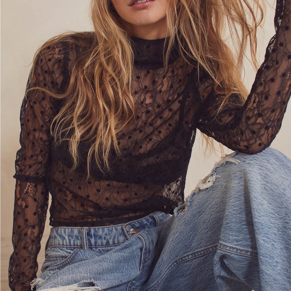NWT For Love And Lemons x Free People Cella Sheer Black Lace Blouse